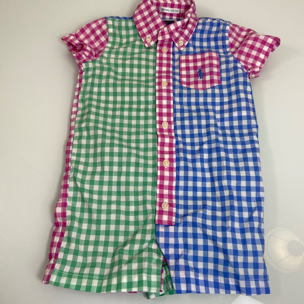 Ralph Lauren Boys 9M Multi Gingham Cotton Poplin Fun Shortall Preppy Romper